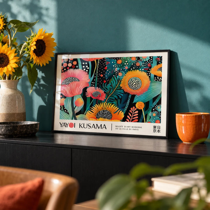 Floral Wall Art, a small A4 framed print leaning on a black sideboard in a living room