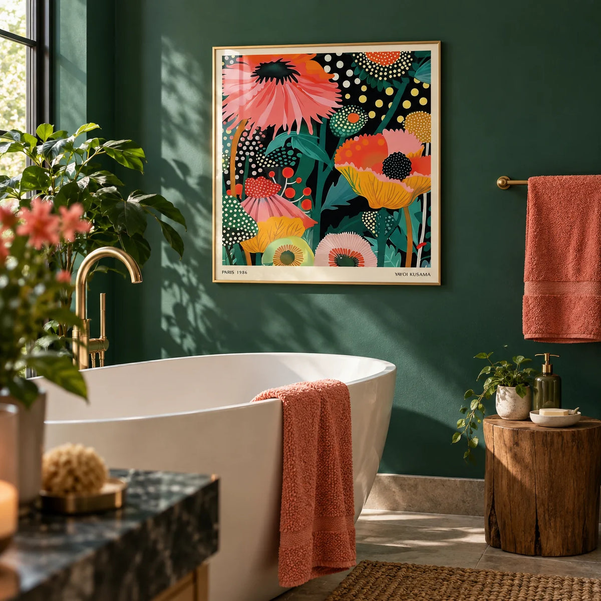 Floral Wall Hanging, framed on the wall of a bold modern bathroom with a dark green wall and a white freestanding bath