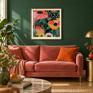 Floral Wall Hanging, framed on the wall of a bold modern living room with a dark green painted wall and an oak floor