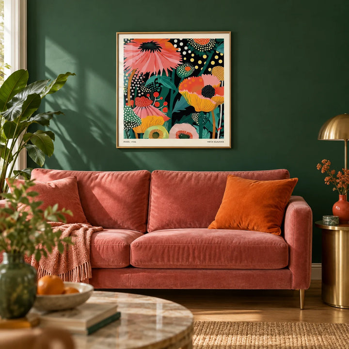 Floral Wall Hanging, framed on the wall of a bold modern living room with a dark green painted wall and an oak floor
