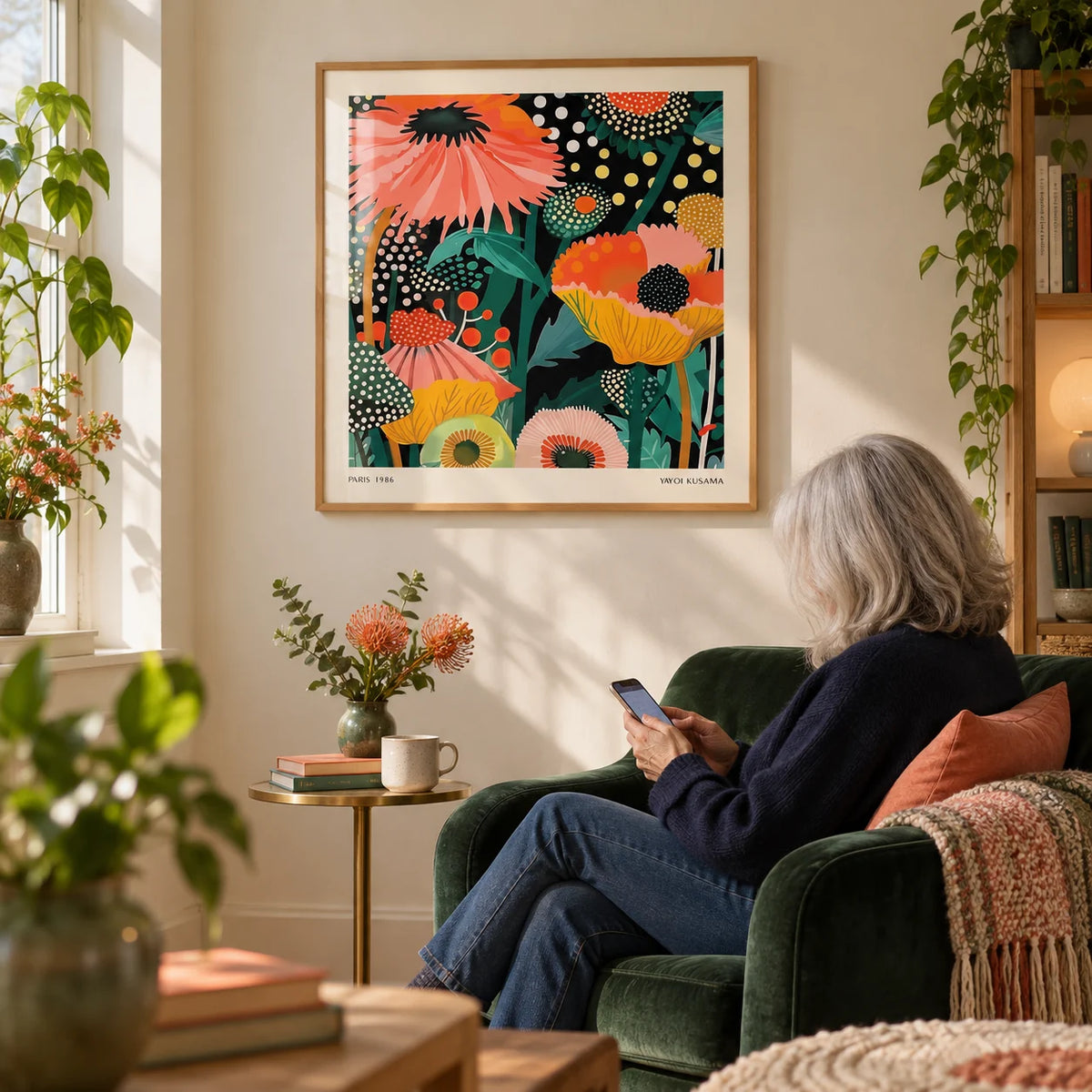Floral Wall Hanging, framed on the wall of a cosy reading corner with a warm white wall in a living room