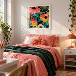 Floral Wall Hanging, framed on the wall of a fun single bedroom for a teen girl (13-17) with a white wall