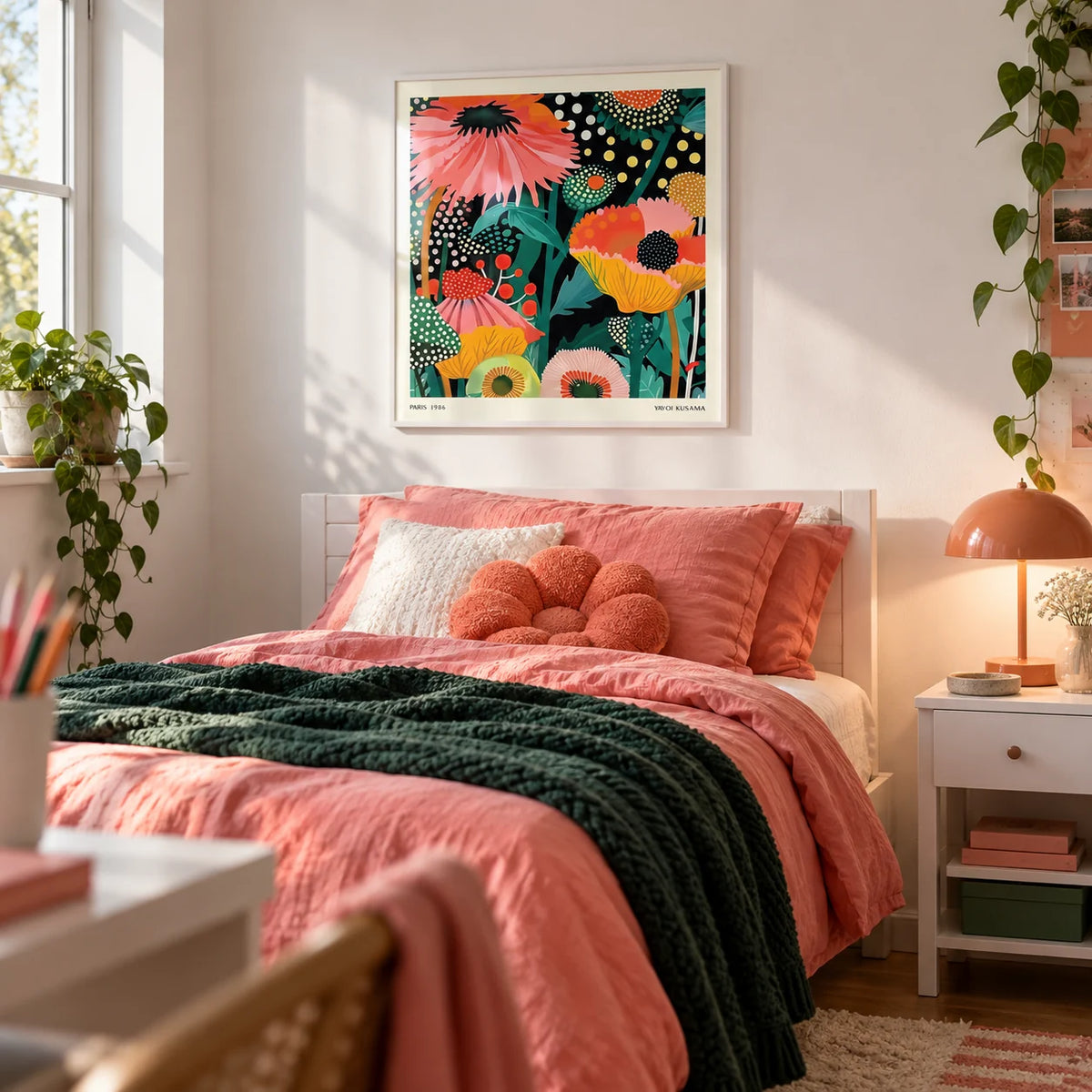 Floral Wall Hanging, framed on the wall of a fun single bedroom for a teen girl (13-17) with a white wall