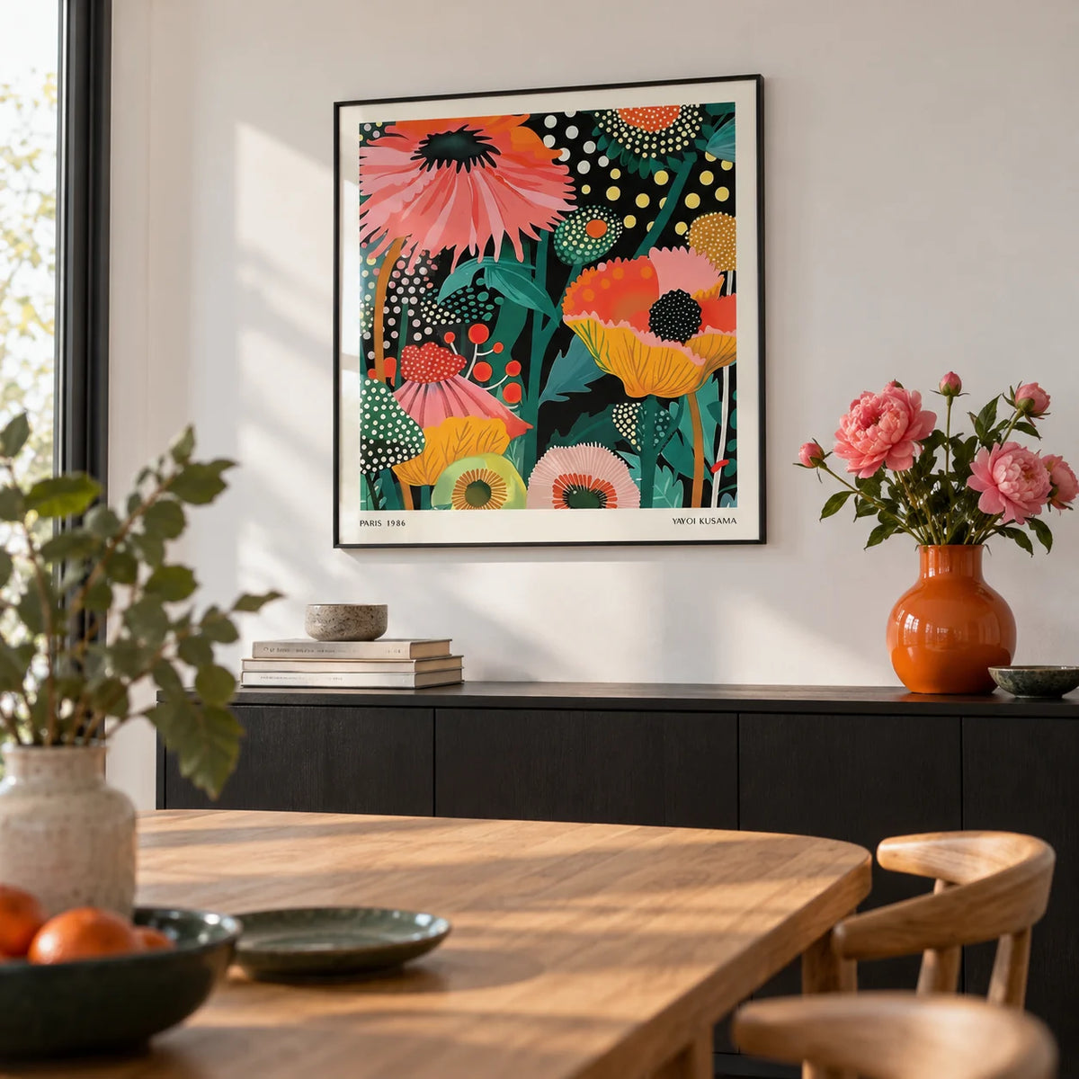 Floral Wall Hanging, framed on the wall of a modern dining room with a white wall