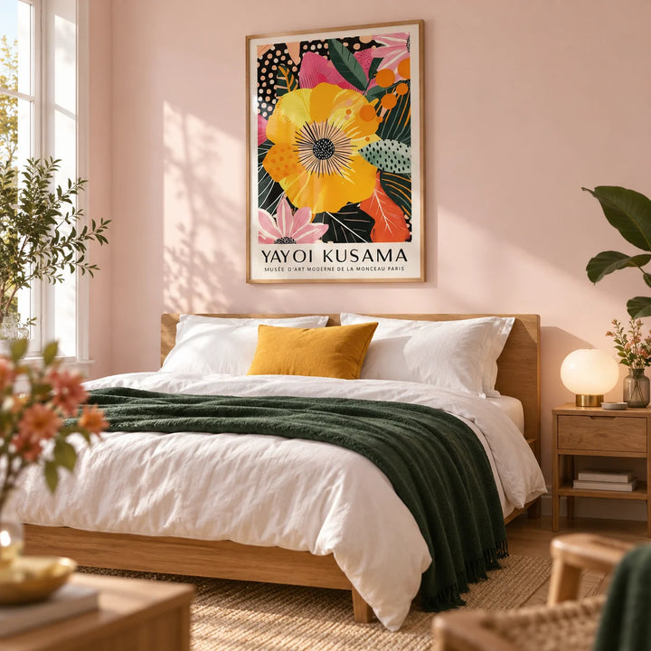 Floral Wall Prints, framed on the wall of a bright contemporary double bedroom with a pale pink wall and an oak floor