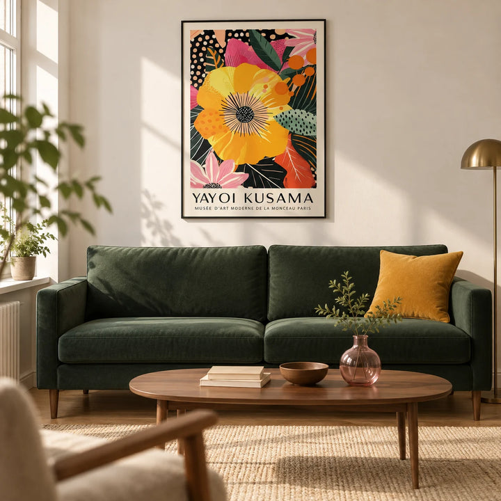 Floral Wall Prints, framed on the wall of a contemporary living room in a UK city flat with a warm white wall