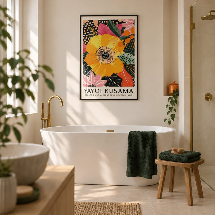 Floral Wall Prints, framed on the wall of a modern bathroom in a renovated UK terrace with warm white walls