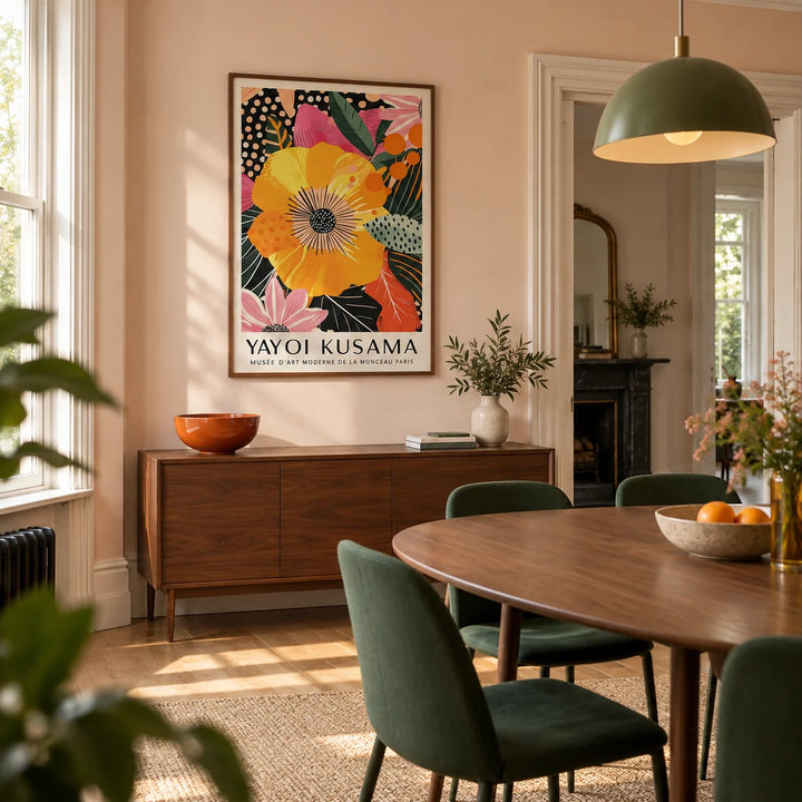 Floral Wall Prints, framed on the wall of a modern dining room in a Victorian terrace with pale peach plaster walls and a wide doorway