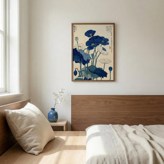 Bedroom with wooden headboard, white bedding, and floral artwork on the wall.