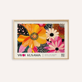 Framed close-up of Floral Poster Art showing bright orange and pink abstract flowers with black dotted background