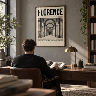 Florence Architecture Print, framed on the wall of a book-lined study with a stone grey wall
