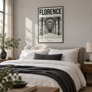 Florence Architecture Print, framed on the wall of a calm modern bedroom with a light grey wall
