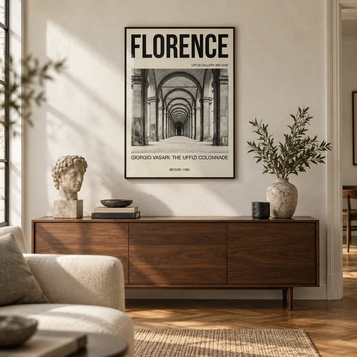 Florence Architecture Print, framed on the wall of a classic-modern living room with a warm white plaster wall and a parquet floor