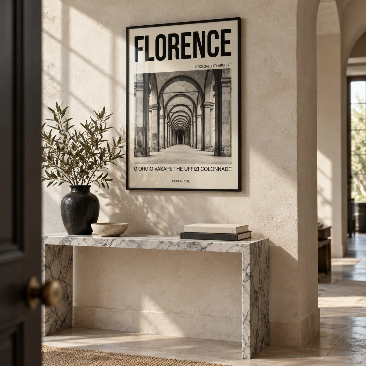Florence Architecture Print, framed on the wall of an elegant hallway with a pale stone wall