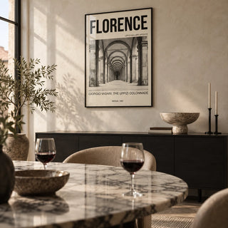 Florence Architecture Print, framed on the wall of a modern Italian-style dining room with a limewashed wall