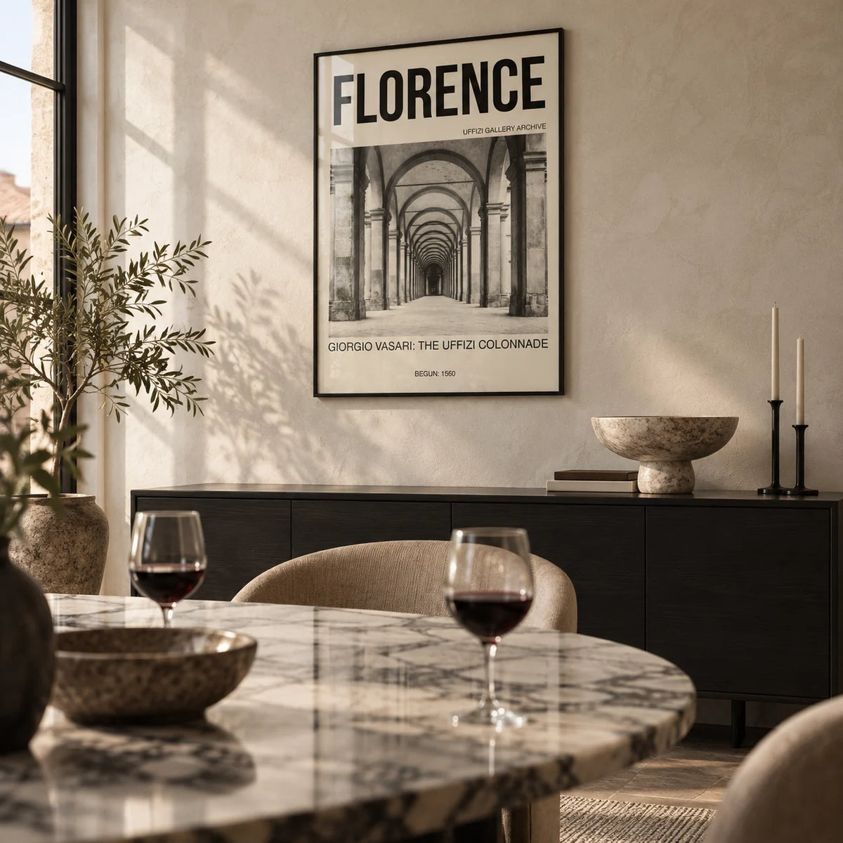 Florence Architecture Print, framed on the wall of a modern Italian-style dining room with a limewashed wall
