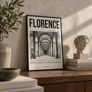 Florence Architecture Print, a small A4 framed print leaning on a walnut shelf in a living room