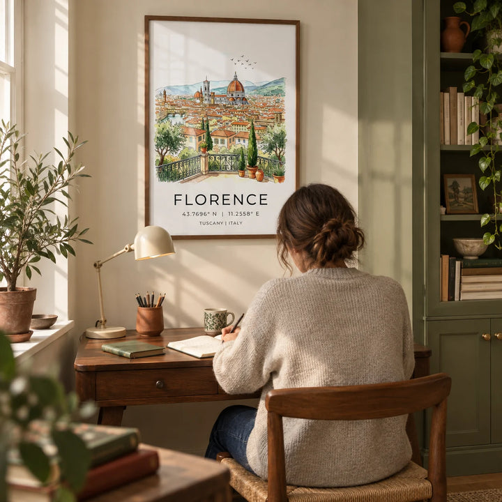 Florence Italy Art Print, framed on the wall of a quiet study in a UK flat with a warm cream wall and a tall olive green cupboard