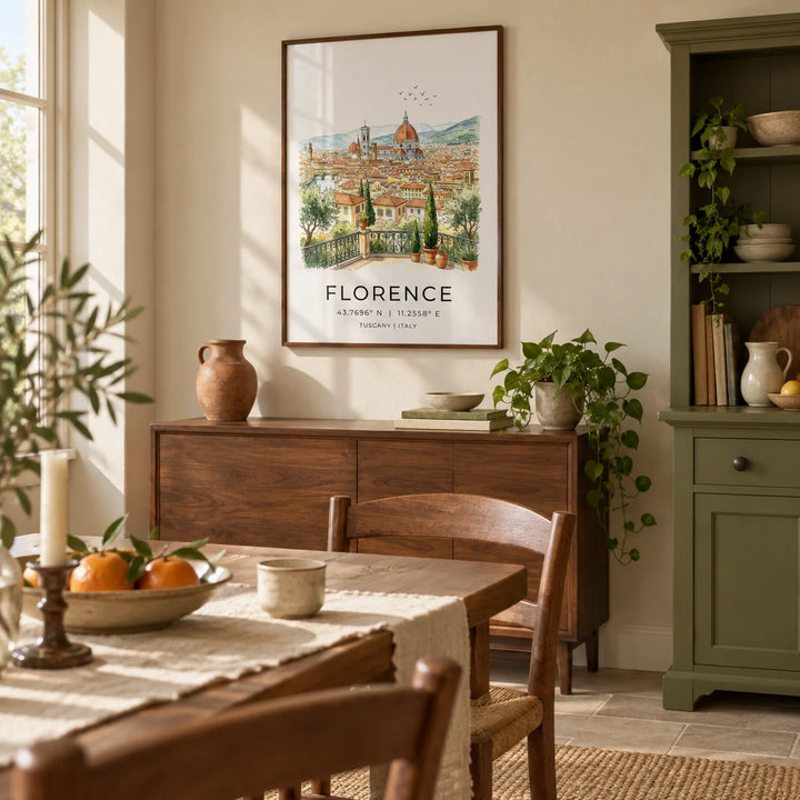 Florence Italy Art Print, framed on the wall of a relaxed dining room in a UK family home with warm cream walls and an olive green painted dresser