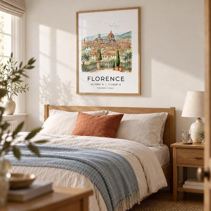 Florence Italy Art Print, framed on the wall of a restful bedroom in a UK townhouse with warm white walls and simple oak furniture