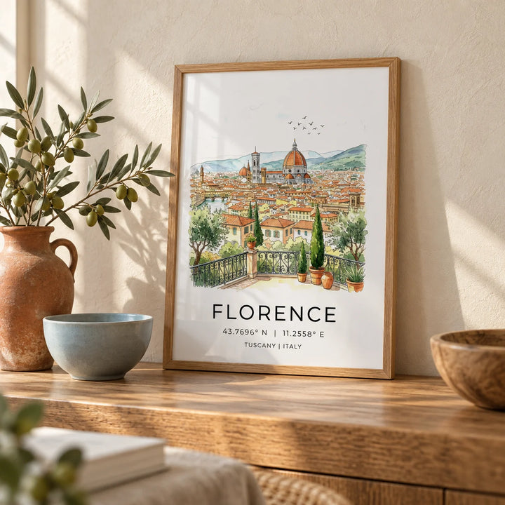 Florence Italy Art Print, a small A4 framed print leaning on a mellow oak side table in a hallway