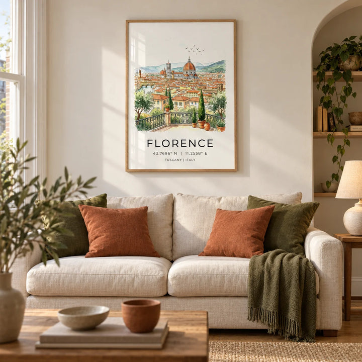Florence Italy Art Print, framed on the wall of a warm living room in a UK Victorian terrace with ivory plaster walls
