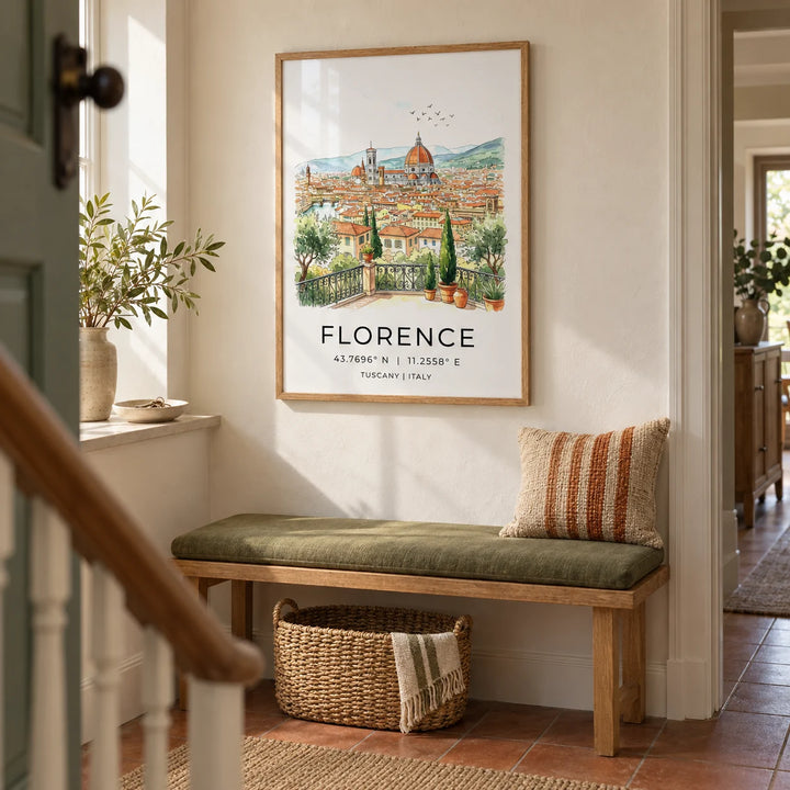 Florence Italy Art Print, framed on the wall of a welcoming hallway in a UK terraced house with pale warm plaster walls and plain terracotta floor tiles