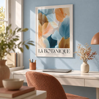 Flower Art for Walls, framed on the wall of a bright study nook with a powder blue painted wall