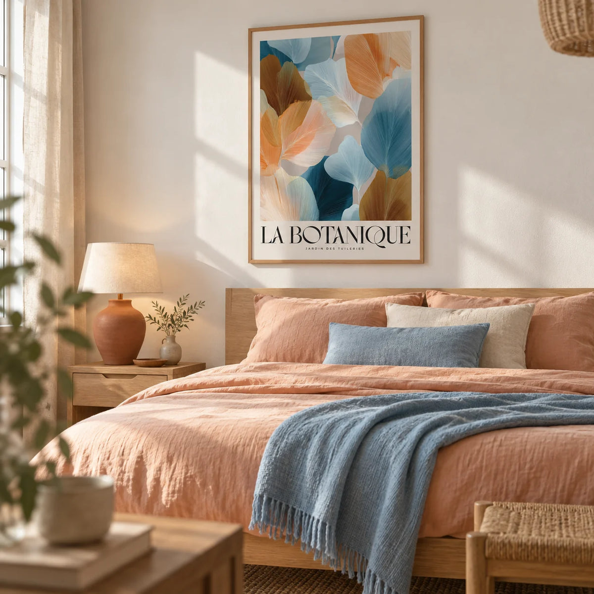 Flower Art for Walls, framed on the wall of a calm bedroom with a plain warm white wall