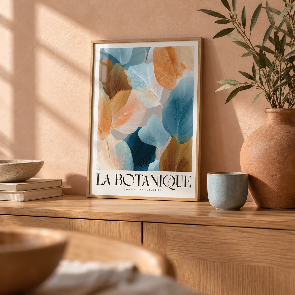 Flower Art for Walls, a small A4 framed print leaning on an oak sideboard in a living room