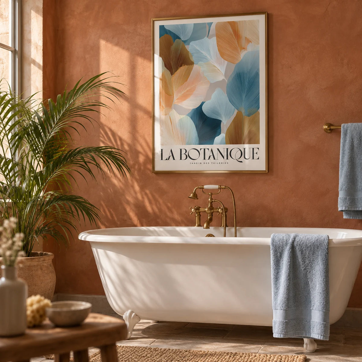 Flower Art for Walls, framed on the wall of a warm bathroom with a terracotta limewashed wall and a white roll-top bath