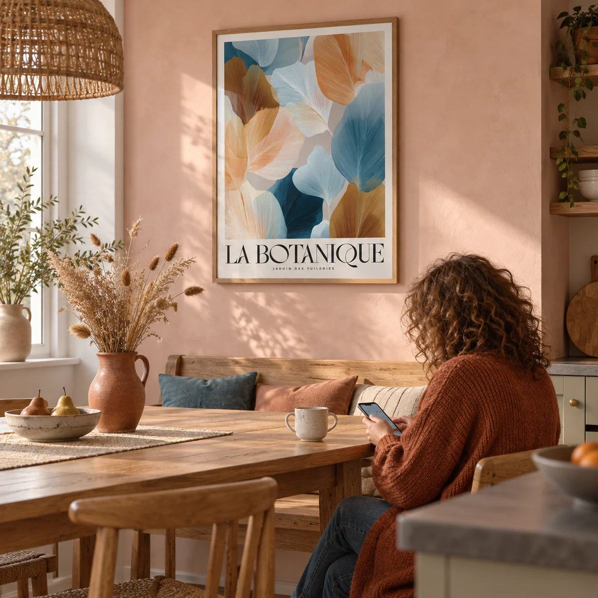 Flower Art for Walls, framed on the wall of a warm kitchen-diner with a plaster-pink wall
