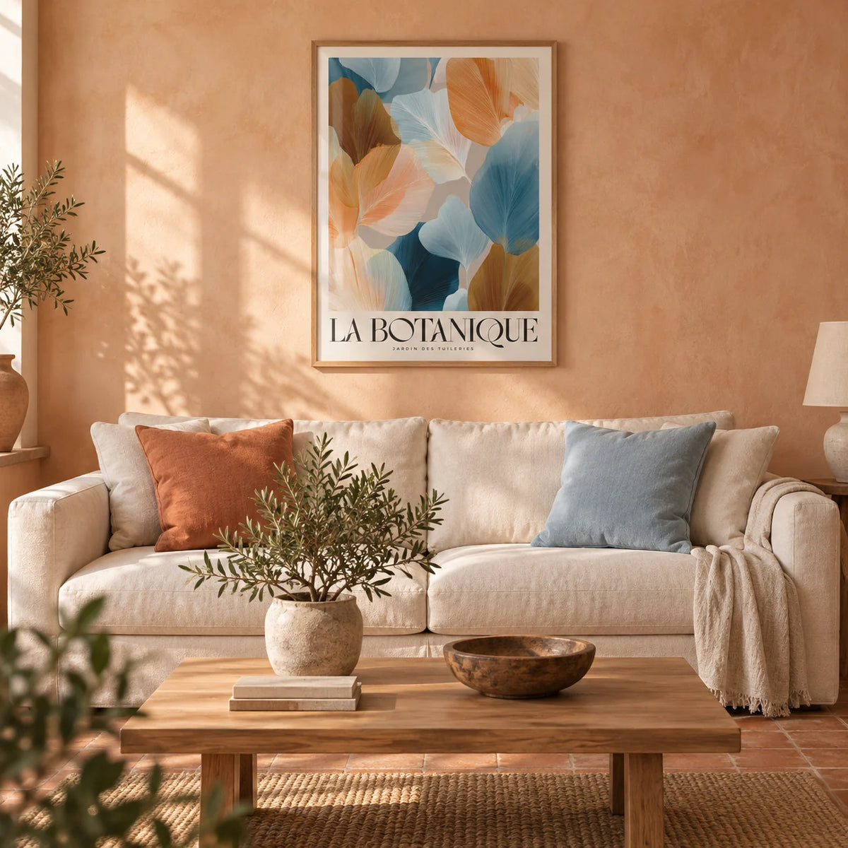 Flower Art for Walls, framed on the wall of a warm Mediterranean-style living room with a soft peach limewashed wall and a terracotta floor