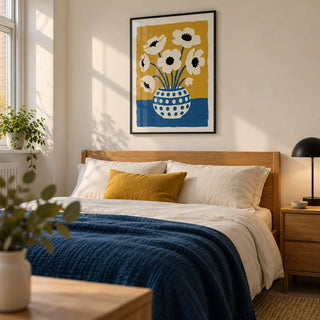 Flower Art Print, framed on the wall of a contemporary bedroom in a UK flat with a pale cream wall