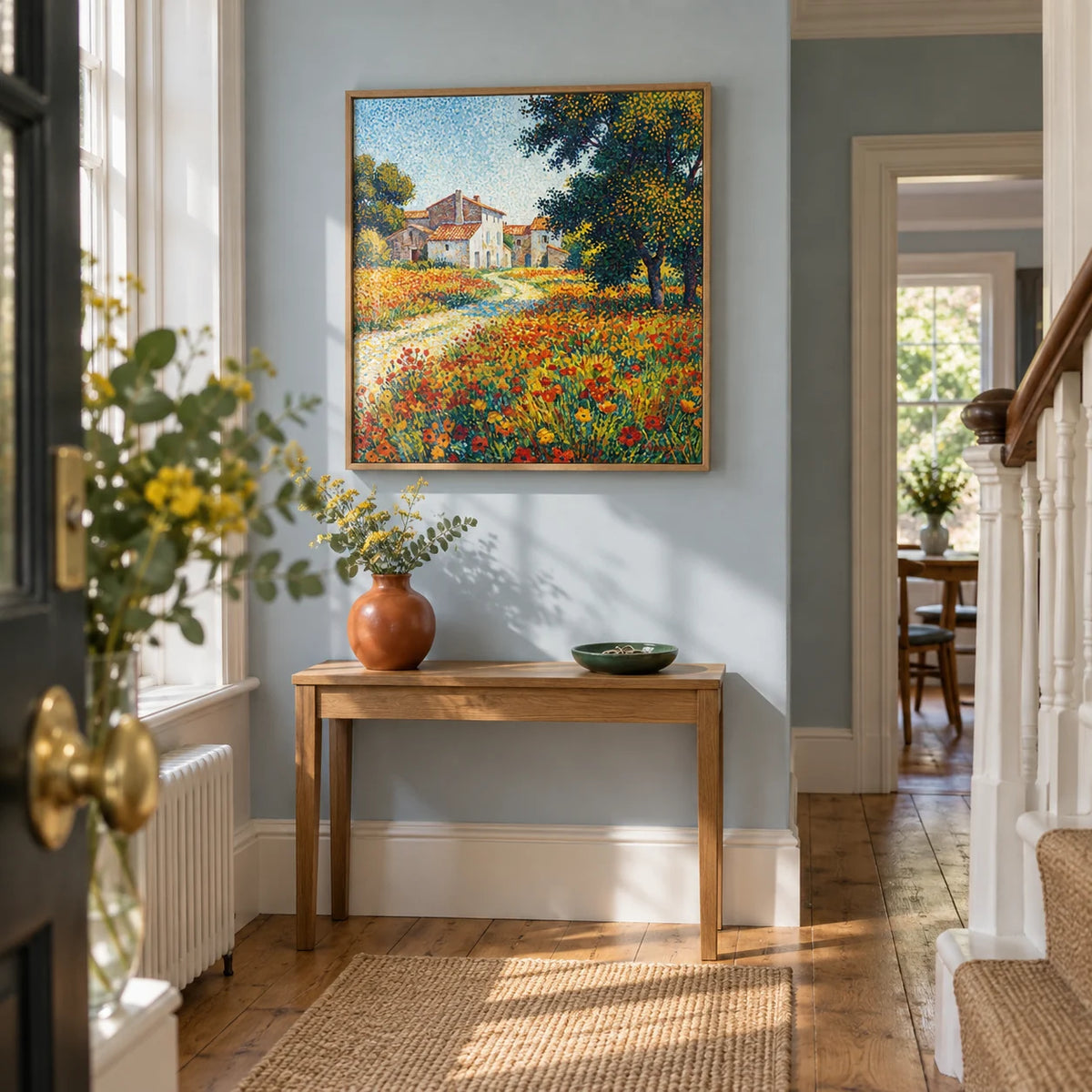 Flower Field Art Print, framed on the wall of a bright entrance hallway in a Victorian terrace with pale blue painted walls and restored oak floorboards