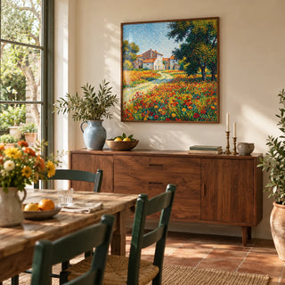 Flower Field Art Print, framed on the wall of a characterful dining room overlooking a small garden