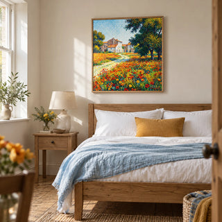 Flower Field Art Print, framed on the wall of a restful bedroom in a renovated UK cottage with an ivory wall and exposed wooden floorboards