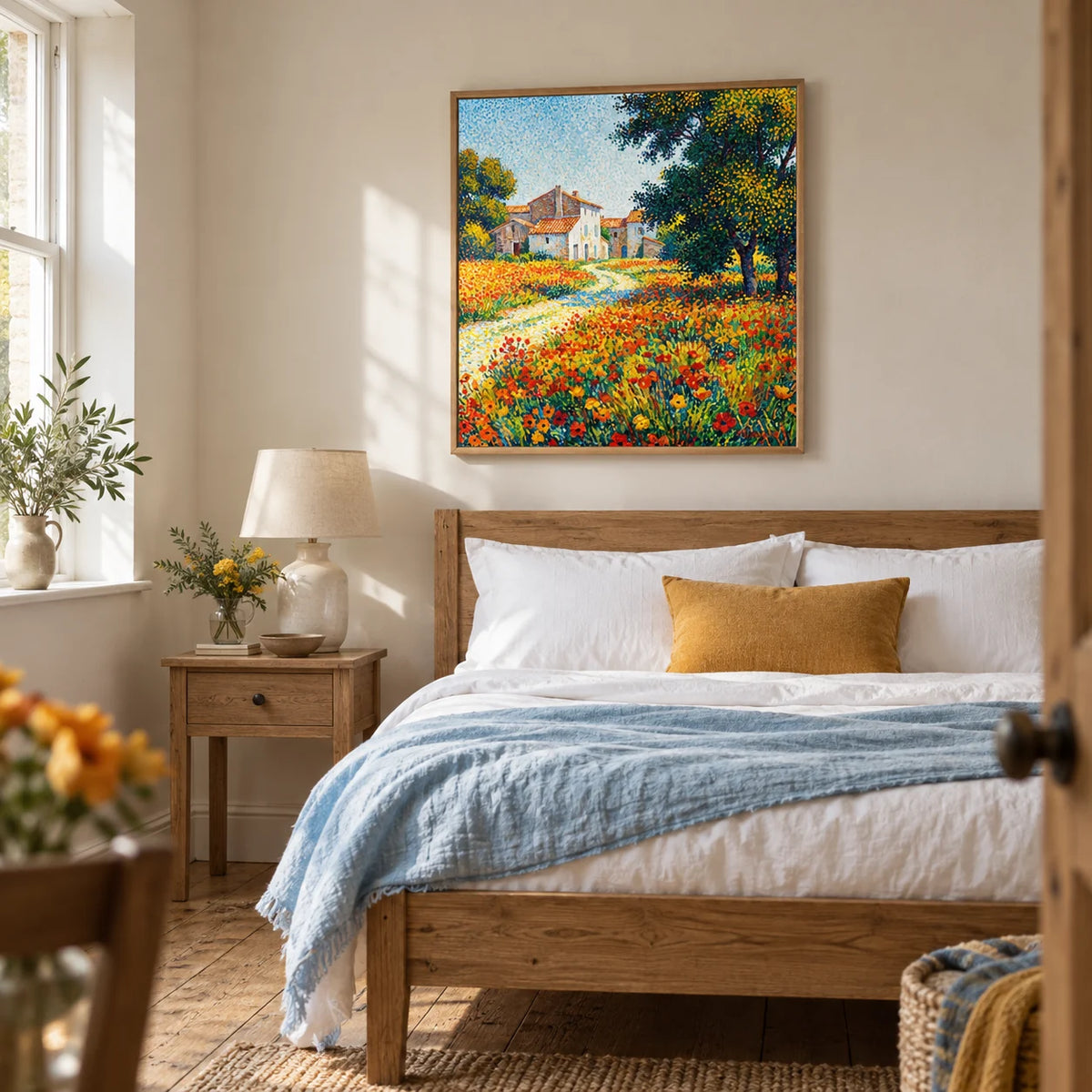 Flower Field Art Print, framed on the wall of a restful bedroom in a renovated UK cottage with an ivory wall and exposed wooden floorboards