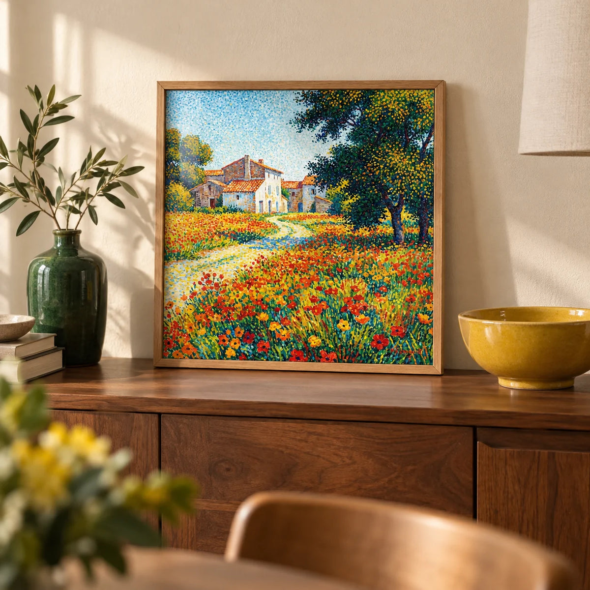 Flower Field Art Print, a small A4 framed print leaning on a walnut sideboard in a living room