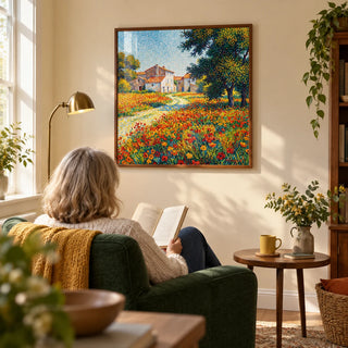 Flower Field Art Print, framed on the wall of a sunny reading corner in a mature couple's UK home with warm cream walls in a living room