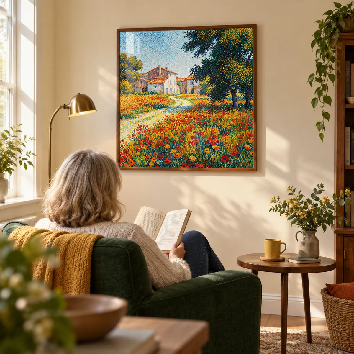 Flower Field Art Print, framed on the wall of a sunny reading corner in a mature couple's UK home with warm cream walls in a living room