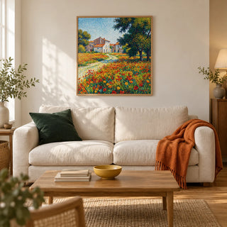 Flower Field Art Print, framed on the wall of a welcoming living room in a UK terraced house with warm white plaster walls and oak floorboards