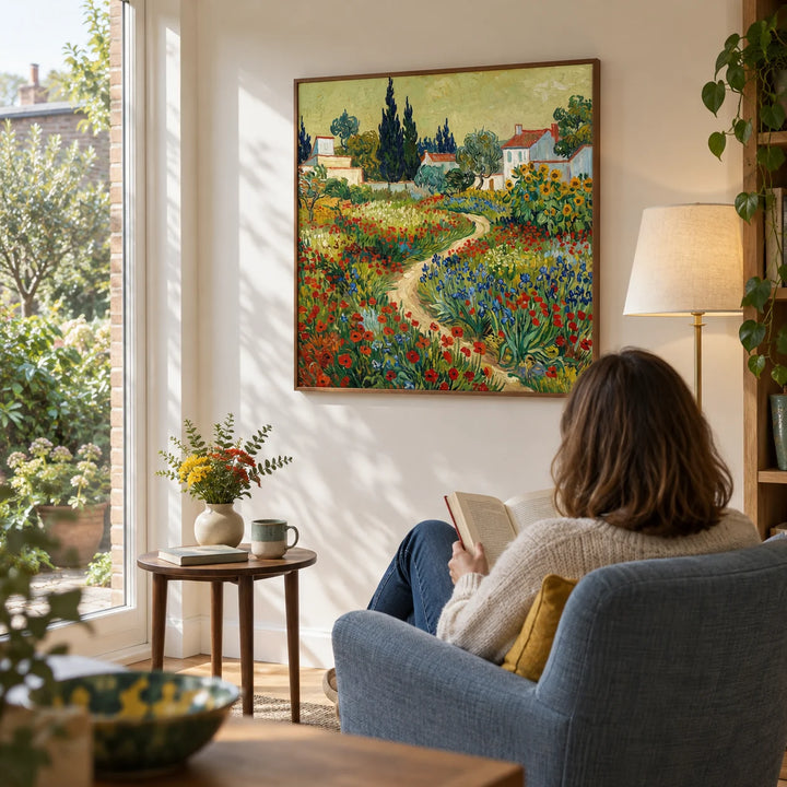 Flower Garden Art Print, framed on the wall of a bright reading corner overlooking a small back garden in a UK terraced home in a living room