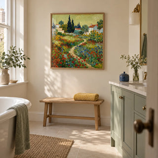 Flower Garden Art Print, framed on the wall of a calm bathroom in a renovated British terrace with pale cream walls
