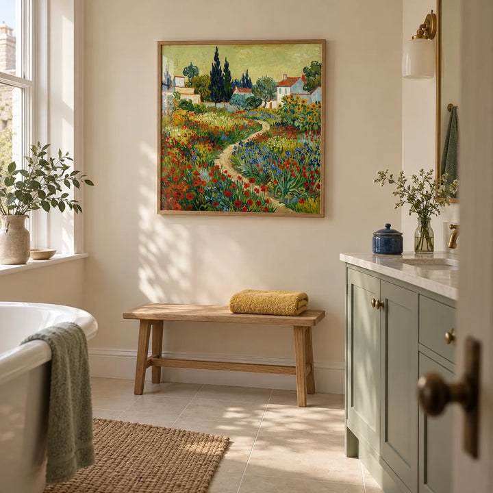Flower Garden Art Print, framed on the wall of a calm bathroom in a renovated British terrace with pale cream walls