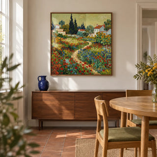 Flower Garden Art Print, framed on the wall of a relaxed dining room in a UK garden flat with warm white walls and a terracotta floor
