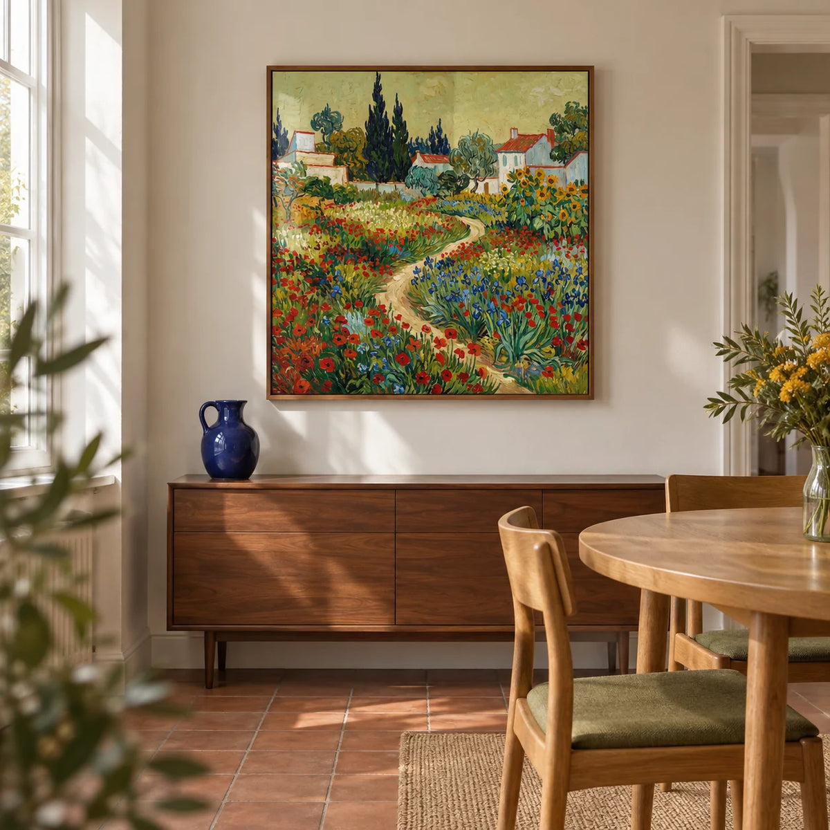 Flower Garden Art Print, framed on the wall of a relaxed dining room in a UK garden flat with warm white walls and a terracotta floor