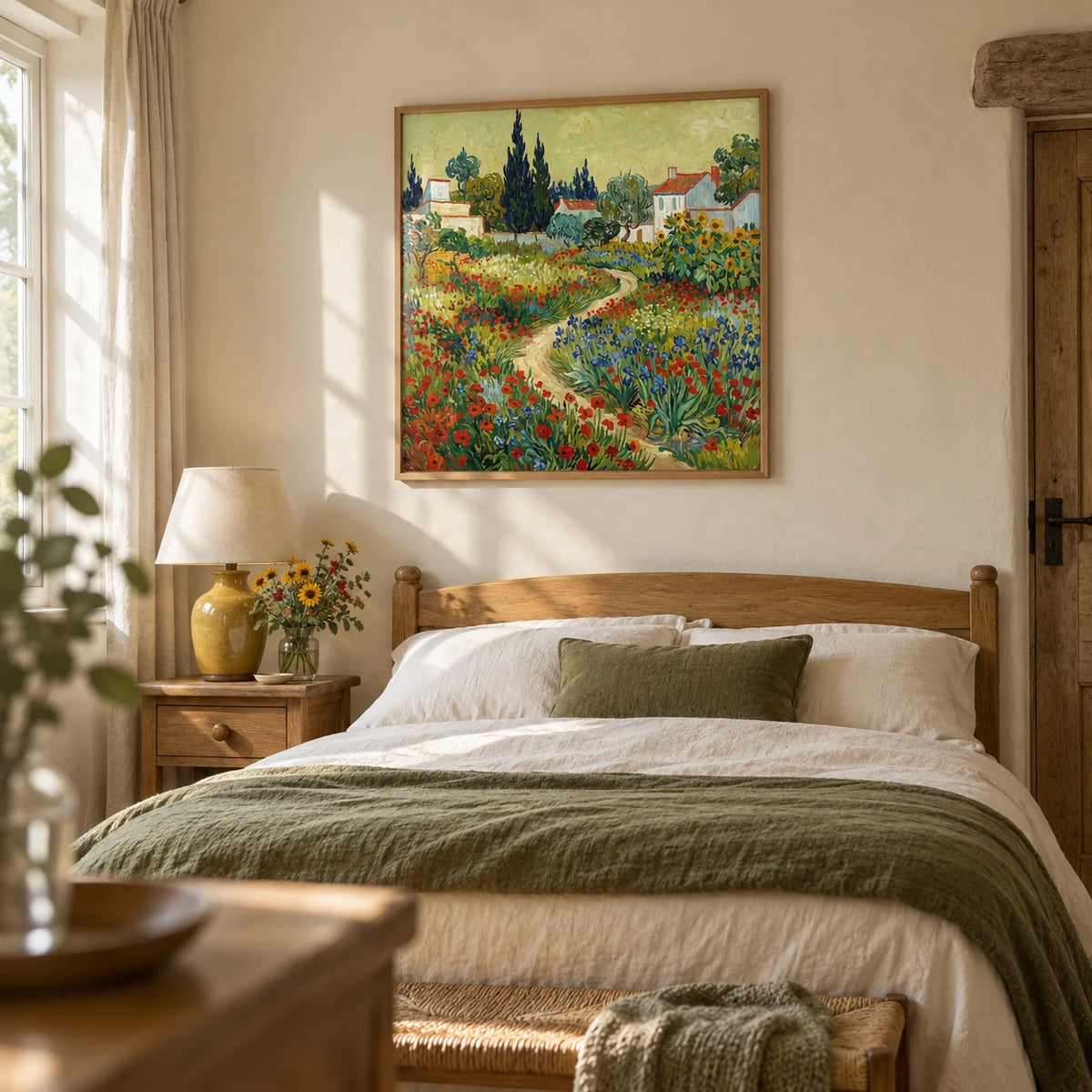 Flower Garden Art Print, framed on the wall of a restful main bedroom in a characterful British cottage with softly plastered cream walls