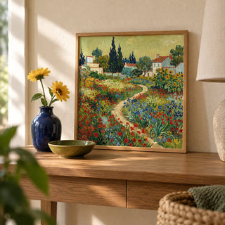 Flower Garden Art Print, a small A4 framed print leaning on an oak hallway side table