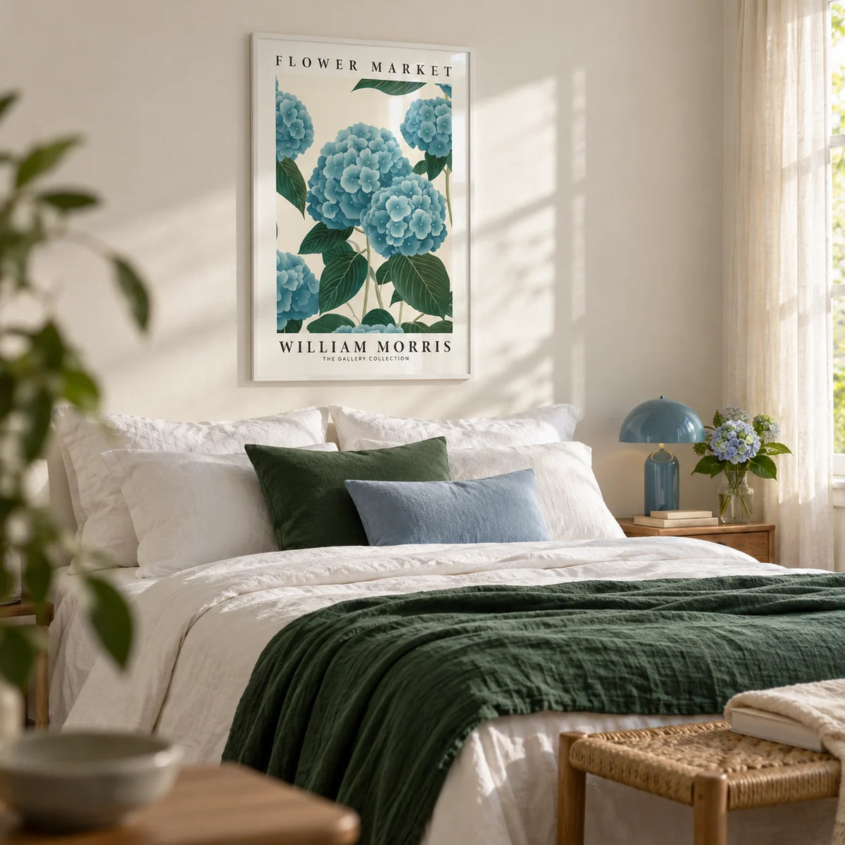 Flower Market Prints, framed on the wall of a calm bedroom with a soft white wall